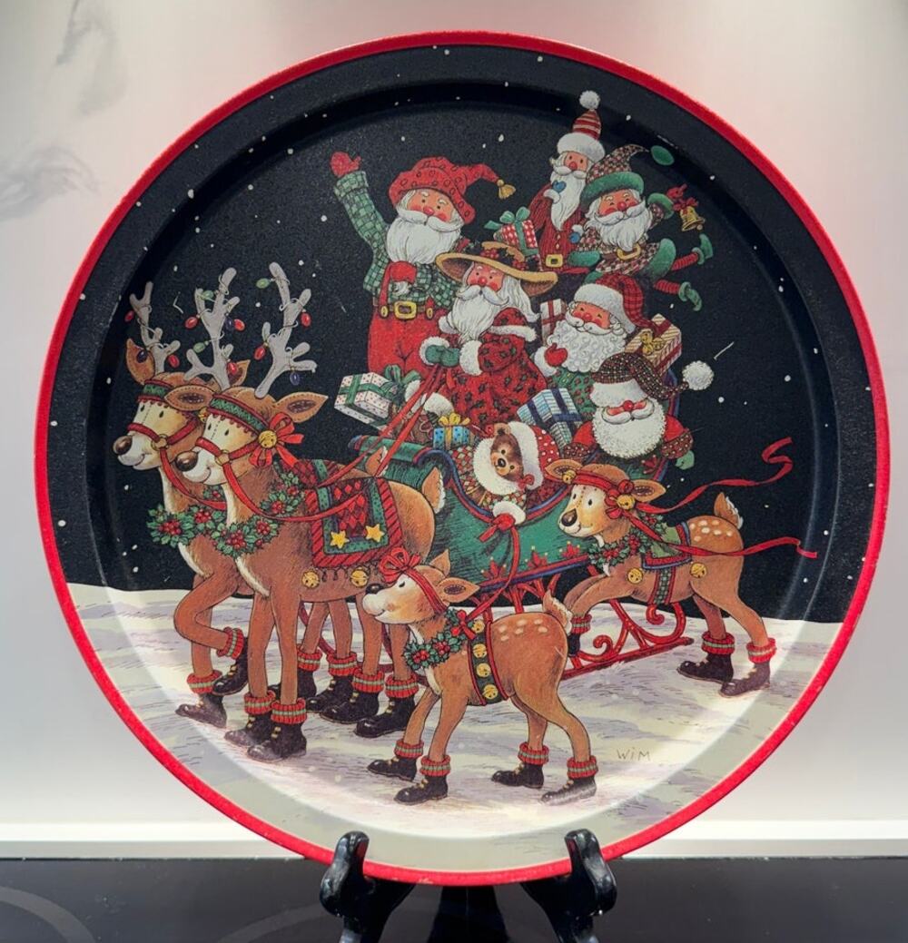 Vintage Potpourri Designs Santa Sleigh Reindeer Metal Tray 13" Holiday Decor